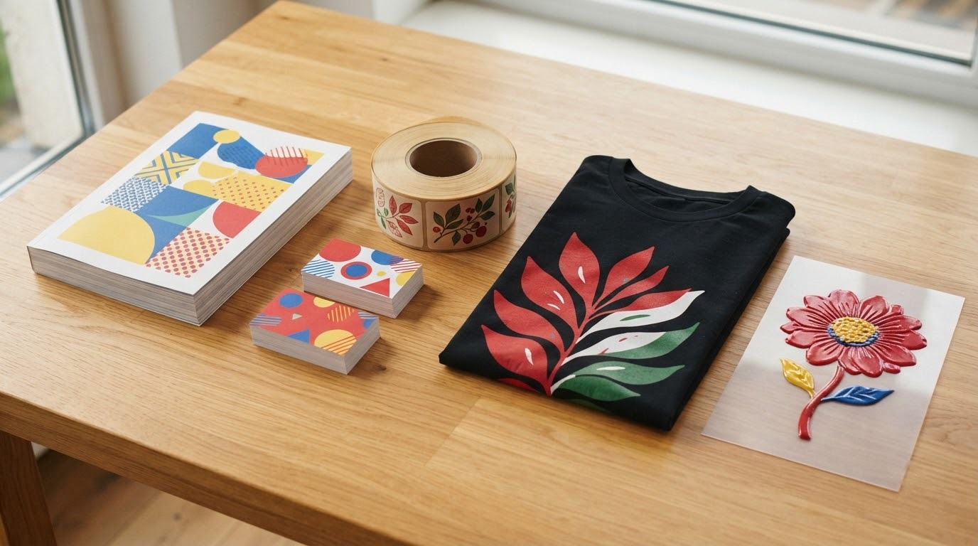 Sản phẩm của năm kỹ thuật in: catalogue offset, card in nhanh, nhãn cuộn, áo in lụa và mica in UV