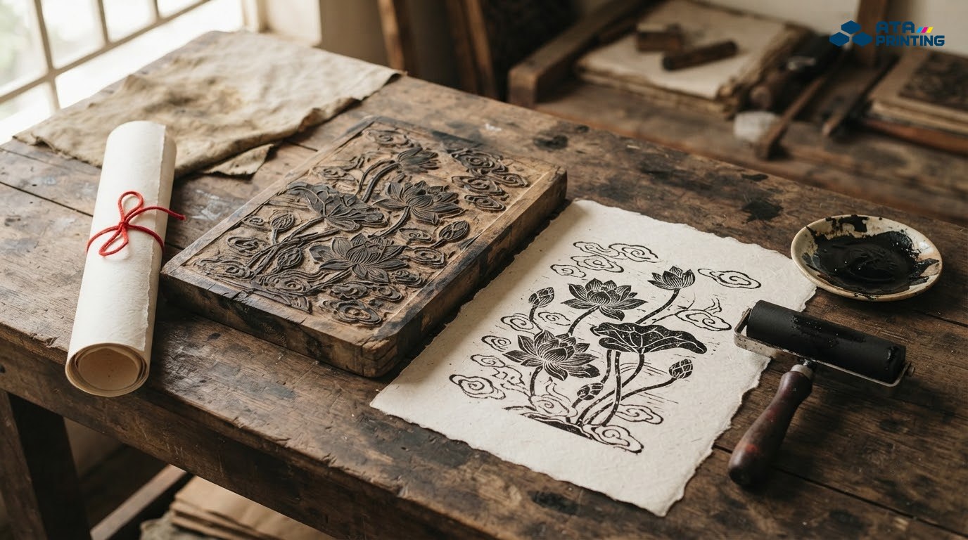 Bản khắc gỗ in hoa văn cổ, con lăn mực và tờ giấy dó in hình hoa sen