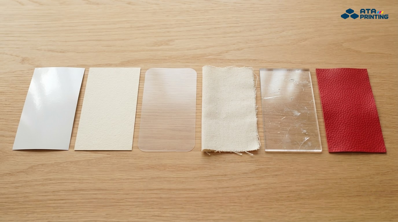 Các mẫu chất liệu in: giấy couche, giấy mỹ thuật, decal, vải và mica xếp cạnh nhau