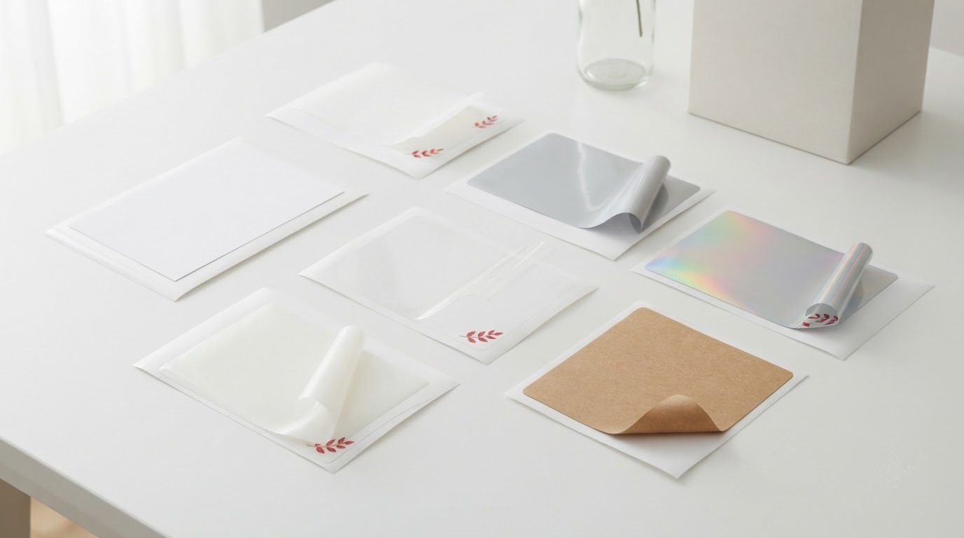 Các mẫu decal giấy, nhựa, trong suốt, ánh bạc, hologram và kraft trên bàn