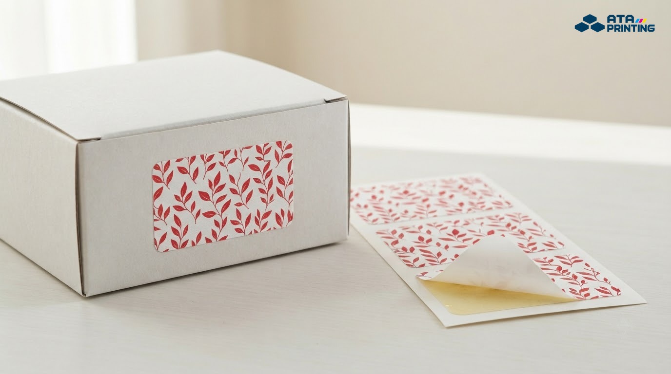Nhãn decal giấy họa tiết lá đỏ trên hộp giấy và tờ đế chứa nhãn