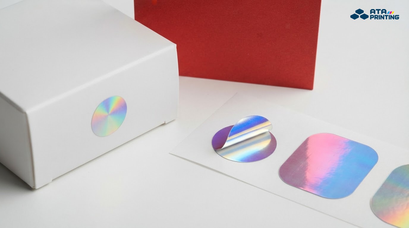 Các miếng decal hologram trơn có ánh cầu vồng trên hộp và tờ đế trắng