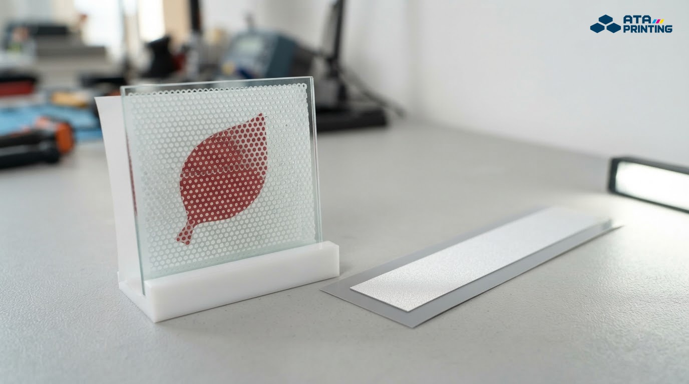 Mẫu decal lưới có lỗ tròn trên kính bên trái và dải phản quang bắt sáng bên phải