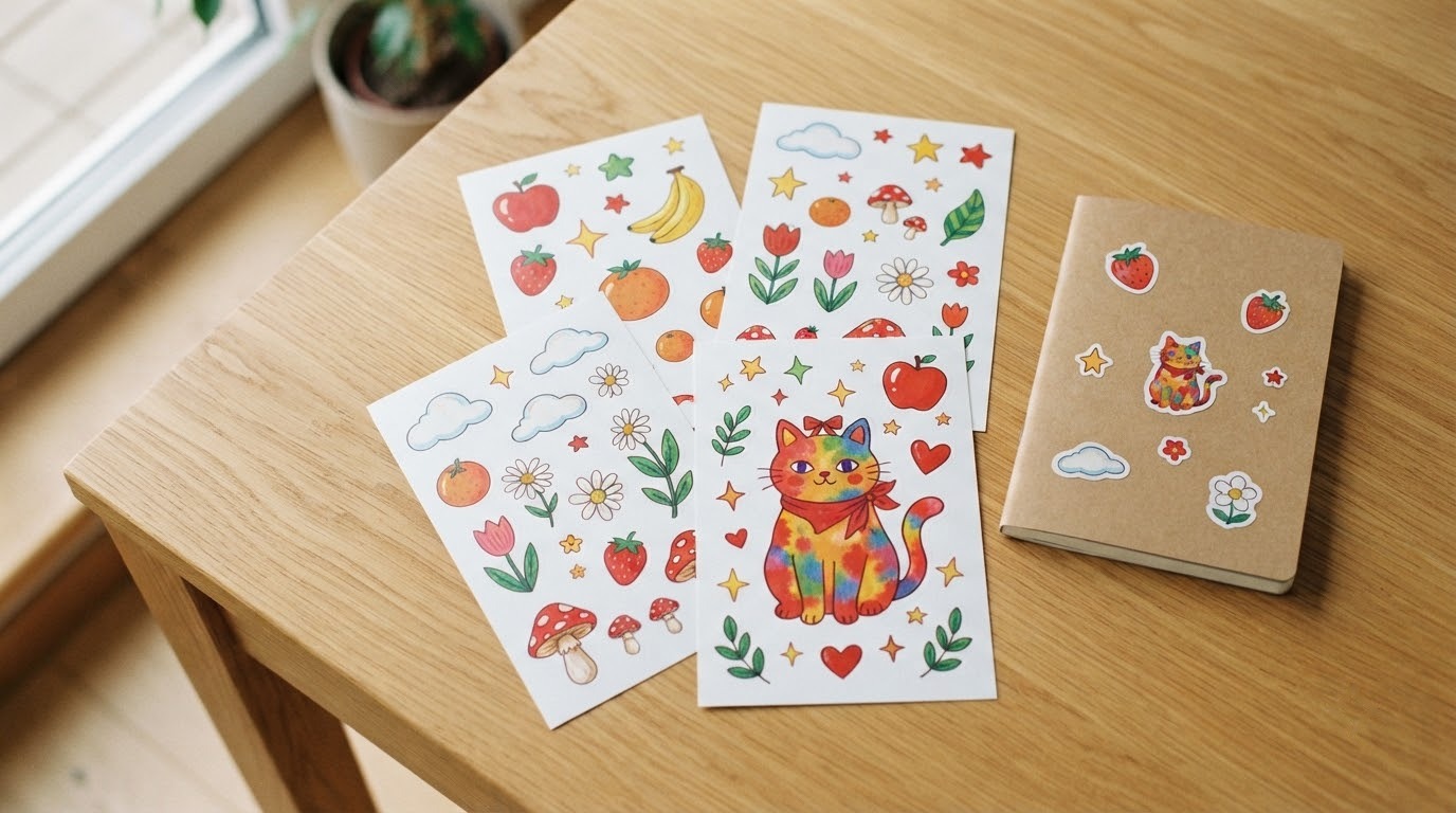Bốn tờ sticker hình vẽ trái cây, nấm, hoa và mèo cạnh sổ tay bìa kraft dán sticker