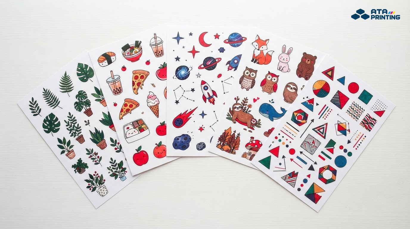 Năm tờ sticker chủ đề cây lá, đồ ăn, vũ trụ, động vật và hình học xòe trên bàn
