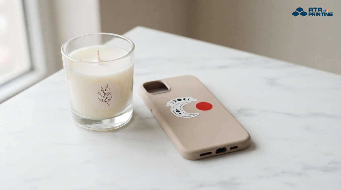 Sticker nét mảnh hình nhành lá trên hũ nến và sticker trăng khuyết trên ốp điện thoại