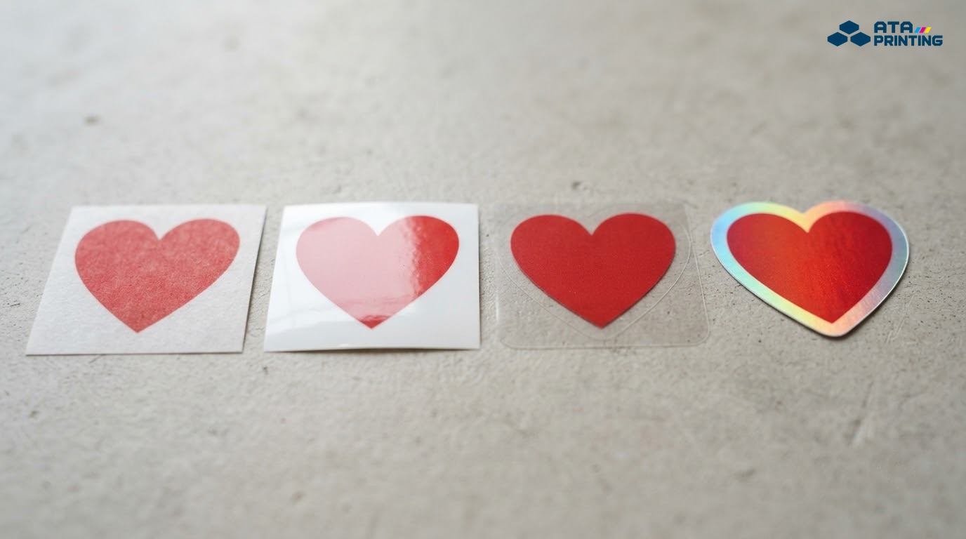 Bốn sticker trái tim đỏ trên decal giấy, nhựa sữa, nhựa trong và hologram