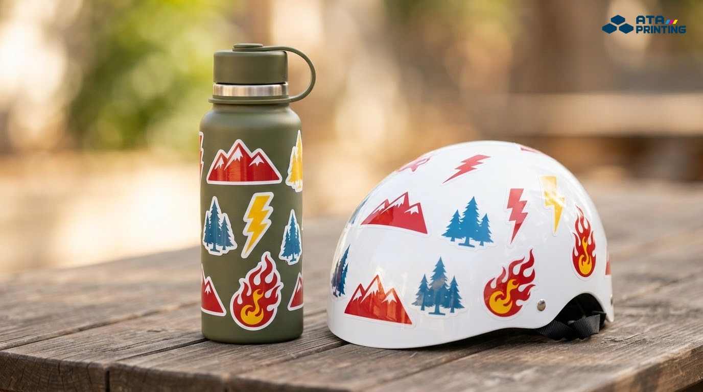 Bình nước xanh rêu và mũ bảo hiểm trắng dán sticker núi, cây thông, tia chớp, ngọn lửa