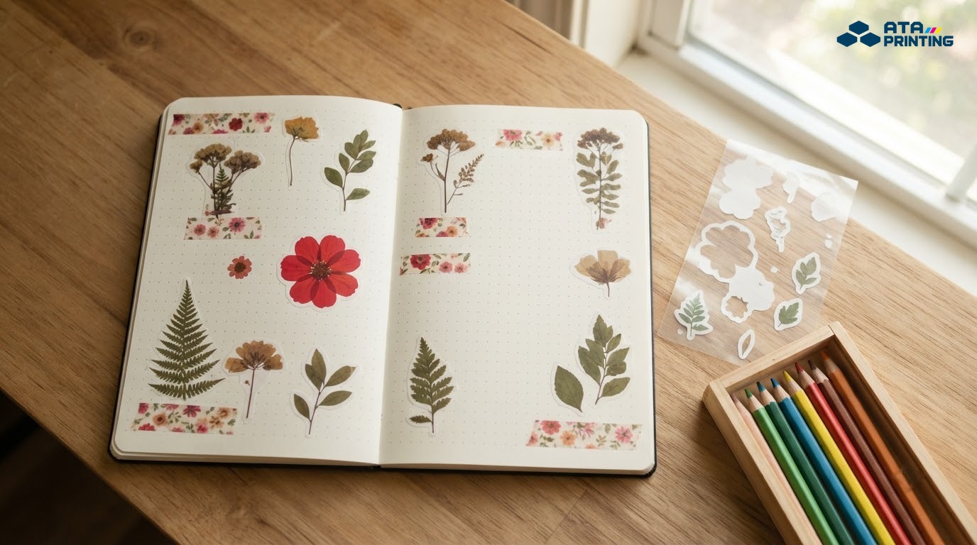 Trang sổ tay chấm bi dán sticker hoa khô, lá dương xỉ và băng dính washi hoa nhí