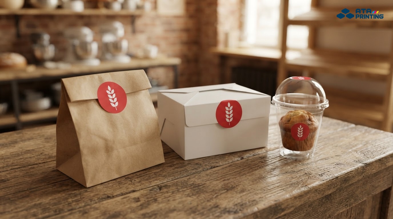 Túi giấy kraft, hộp bánh trắng và ly bánh muffin dán tem tròn đỏ hình bông lúa