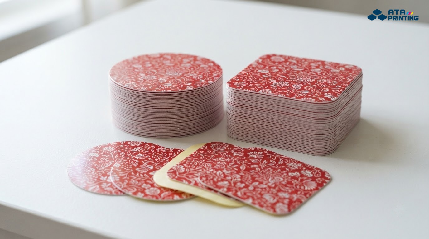 Hai chồng sticker tròn và vuông bo góc in hoa văn đỏ trắng, vài con xòe ra cạnh đế