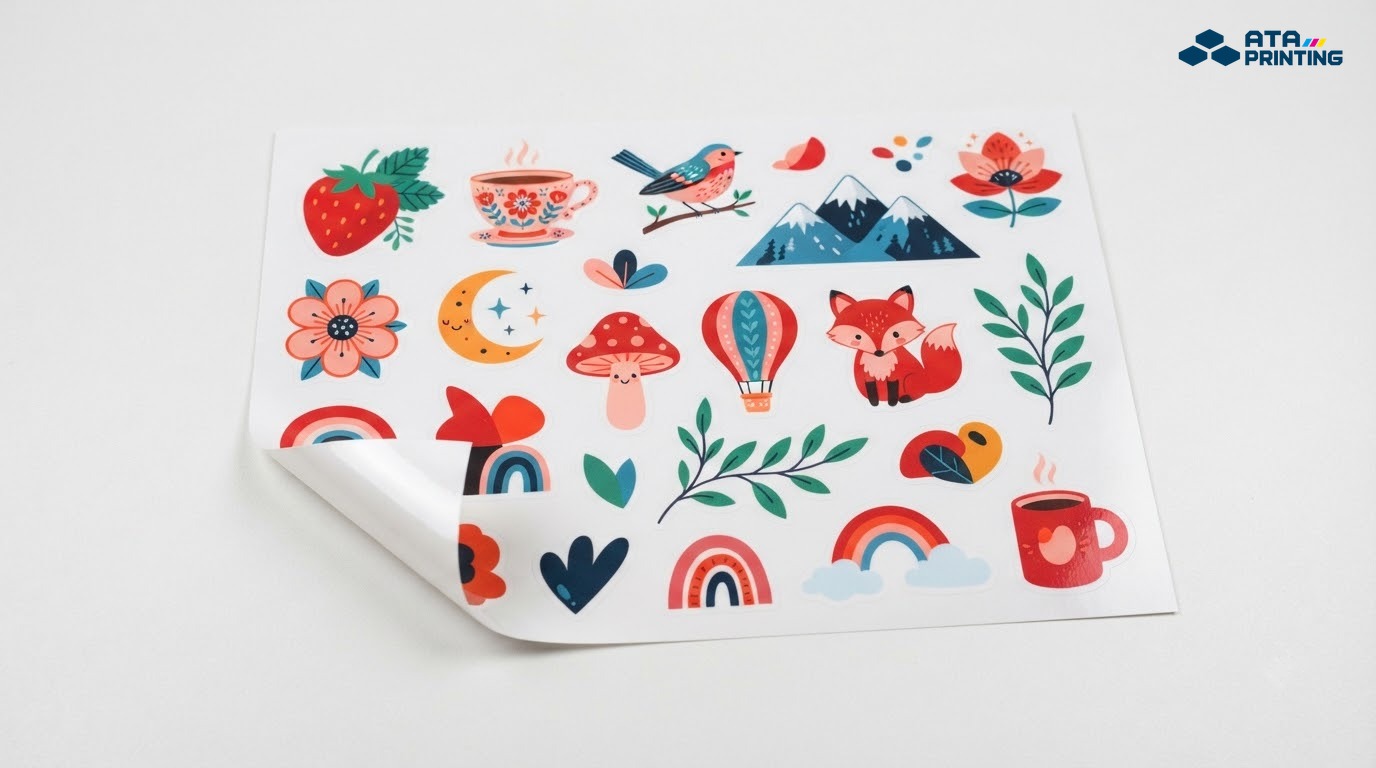 Tờ sticker in kỹ thuật số nhiều hình dâu, cáo, nấm, cầu vồng, góc tờ cong lên