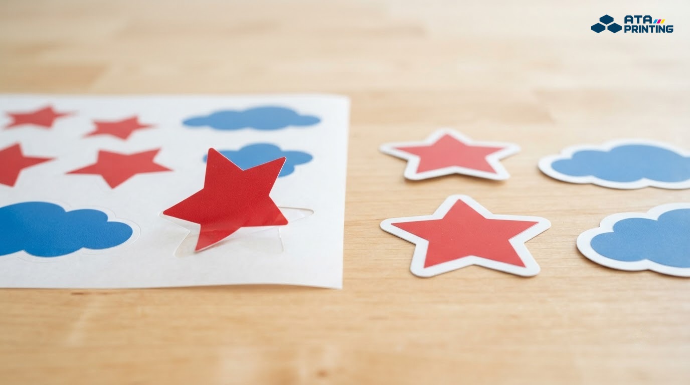 Tờ sticker bế demi sao đỏ mây xanh còn chung đế cạnh sticker bế đứt rời từng con