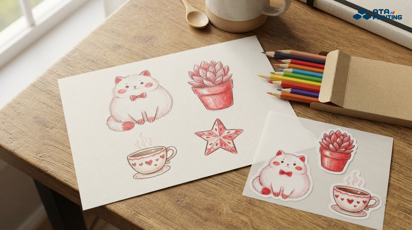 Bản phác thảo bút chì màu hình mèo, sen đá, tách trà cạnh sticker in từ bản vẽ