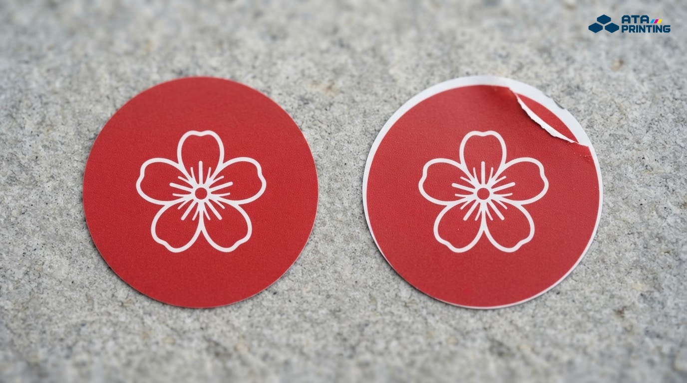 Sticker tròn đỏ hình hoa kín mép cạnh sticker cùng mẫu lộ viền trắng do bế lệch