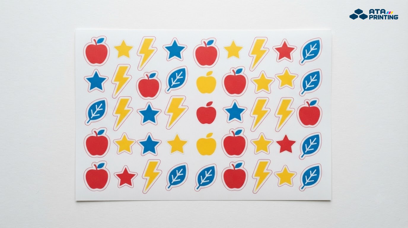 Tờ sticker táo, sao, tia chớp và lá, mỗi hình có viền bế mảnh màu đỏ