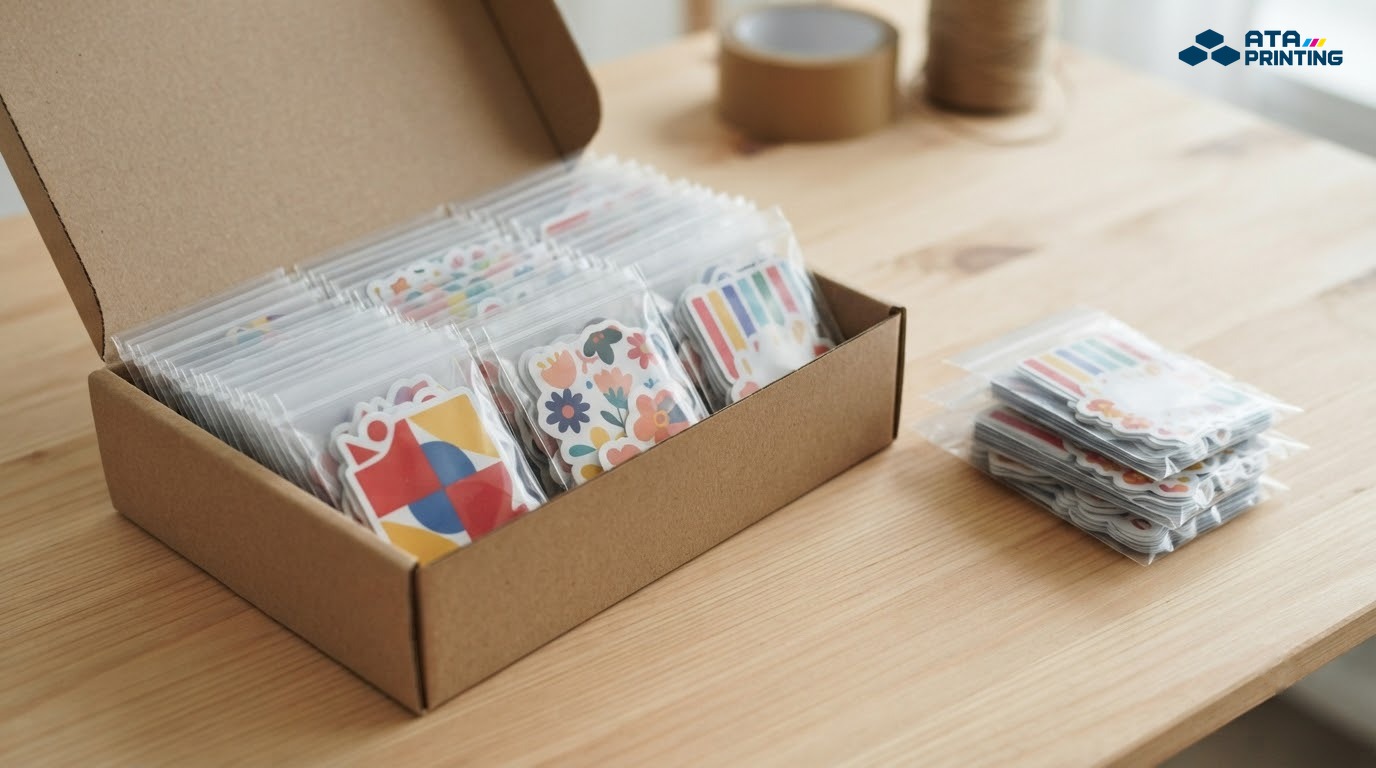Hộp carton mở nắp chứa nhiều túi sticker trong suốt cạnh một xấp túi sticker