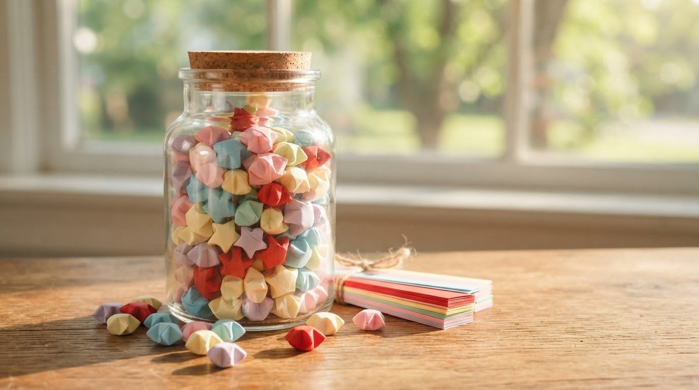 Bình thủy tinh đầy sao giấy pastel và đỏ, vài ngôi sao rơi trên bàn gỗ