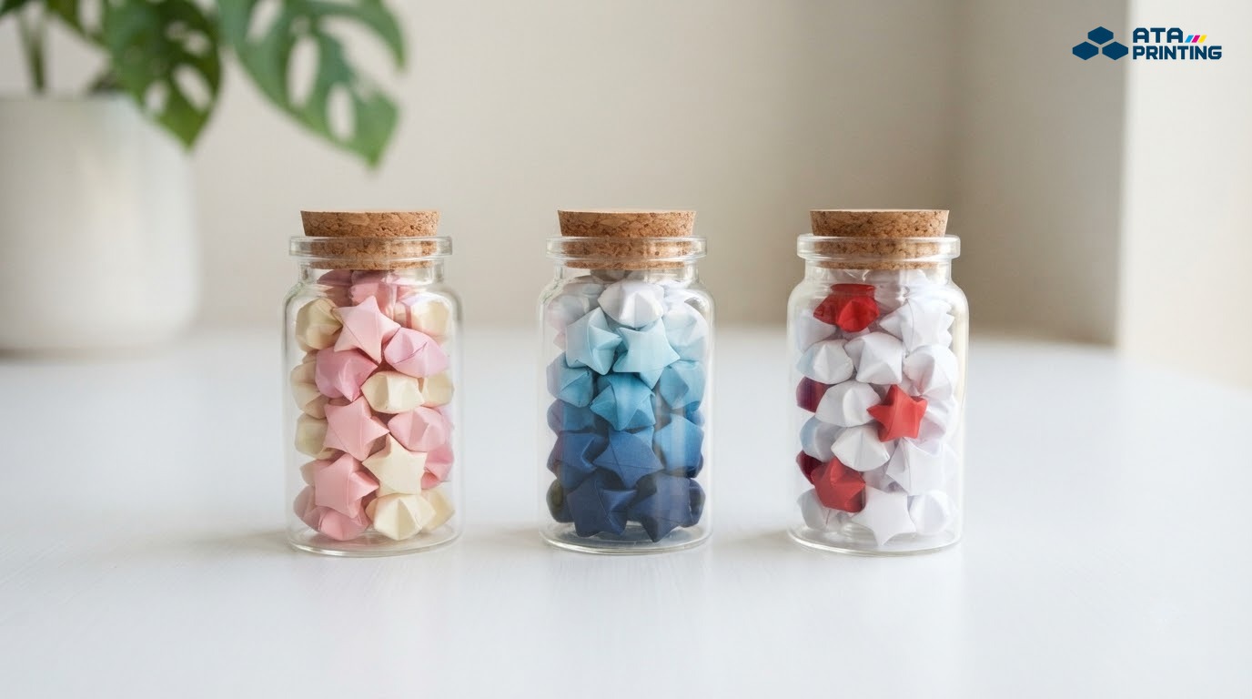 Ba bình sao giấy phối màu pastel, chuyển sắc xanh và trắng điểm đỏ