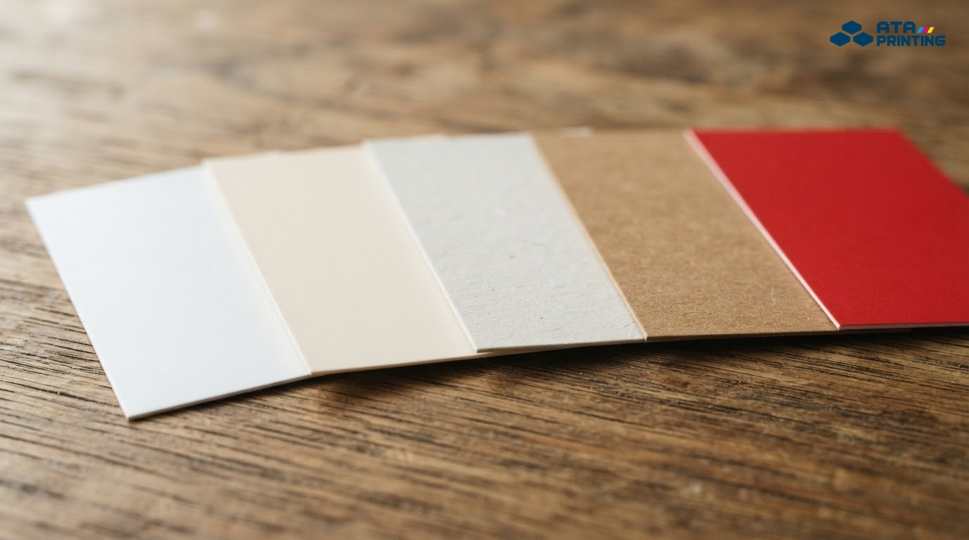Các loại giấy làm danh thiếp couche, ivory, mỹ thuật, kraft và giấy đen xòe trên bàn