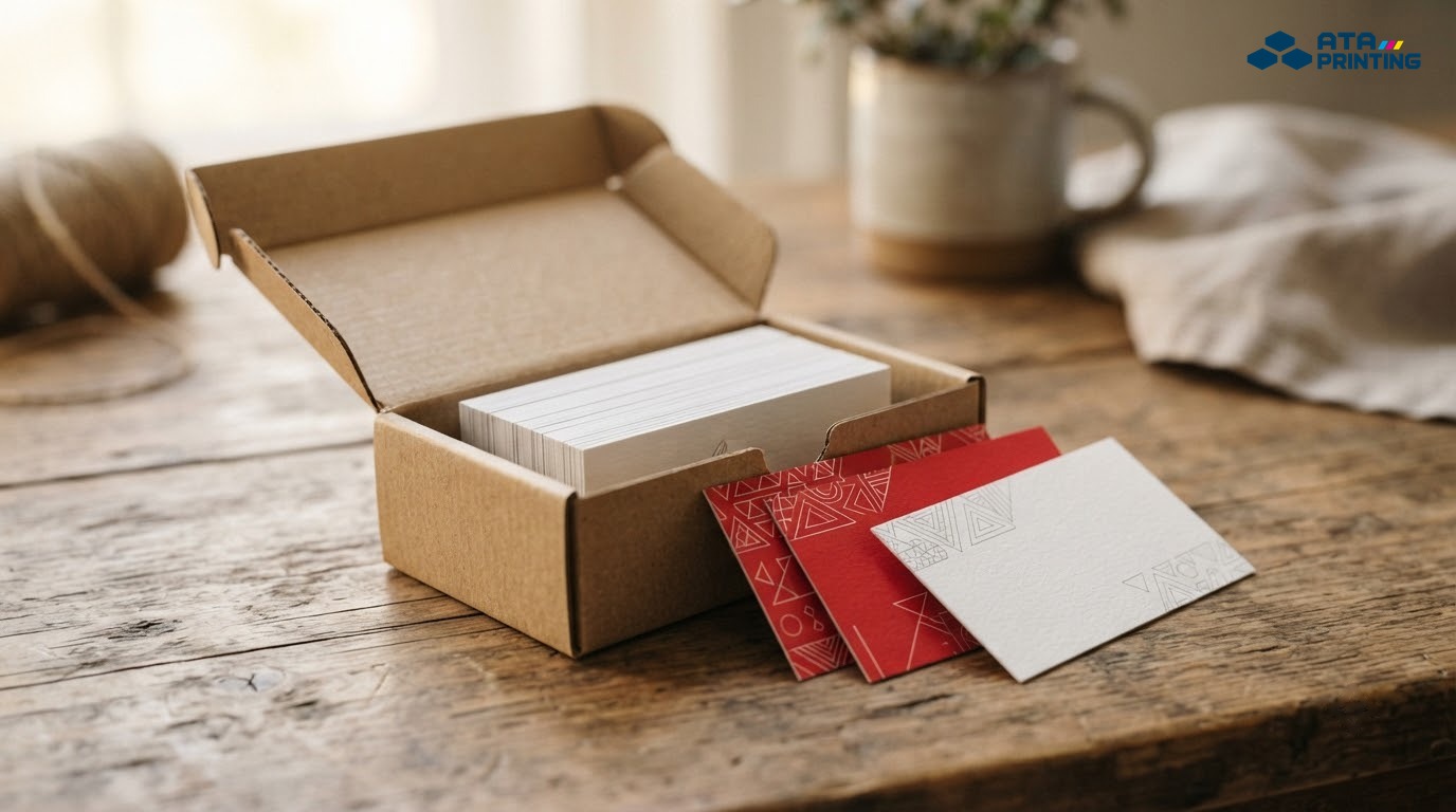 Hộp danh thiếp in hai mặt hoàn thiện, vài tấm lộ mặt trước trắng và mặt sau đỏ