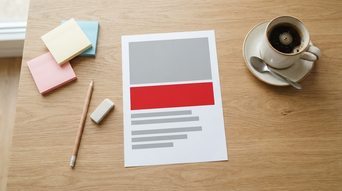 Bản nháp bố cục tờ rơi có khối đỏ cạnh giấy note màu, bút chì, tẩy và tách cà phê