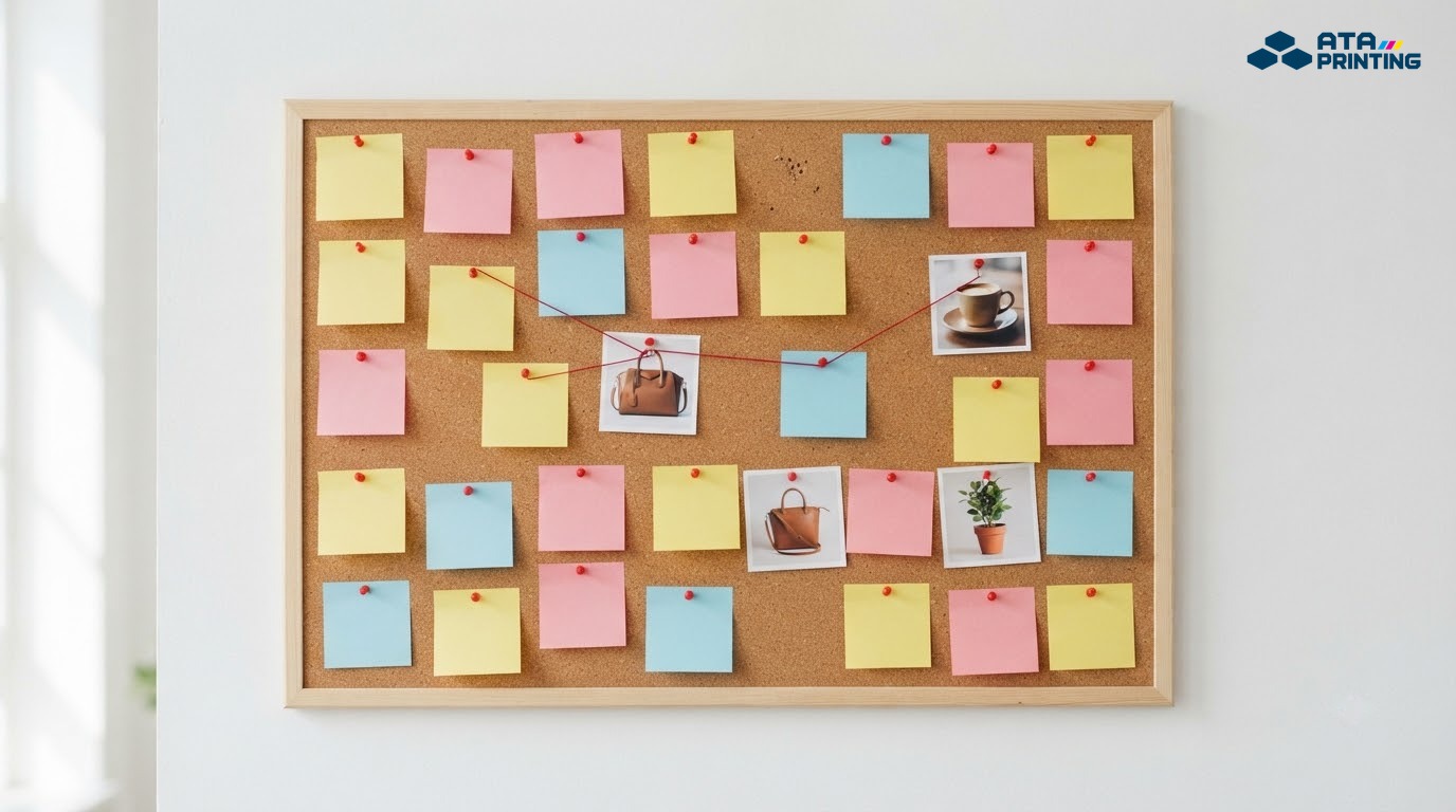 Bảng ghim bần đầy giấy note màu trống và ảnh túi xách, tách cà phê, chậu cây nối chỉ đỏ