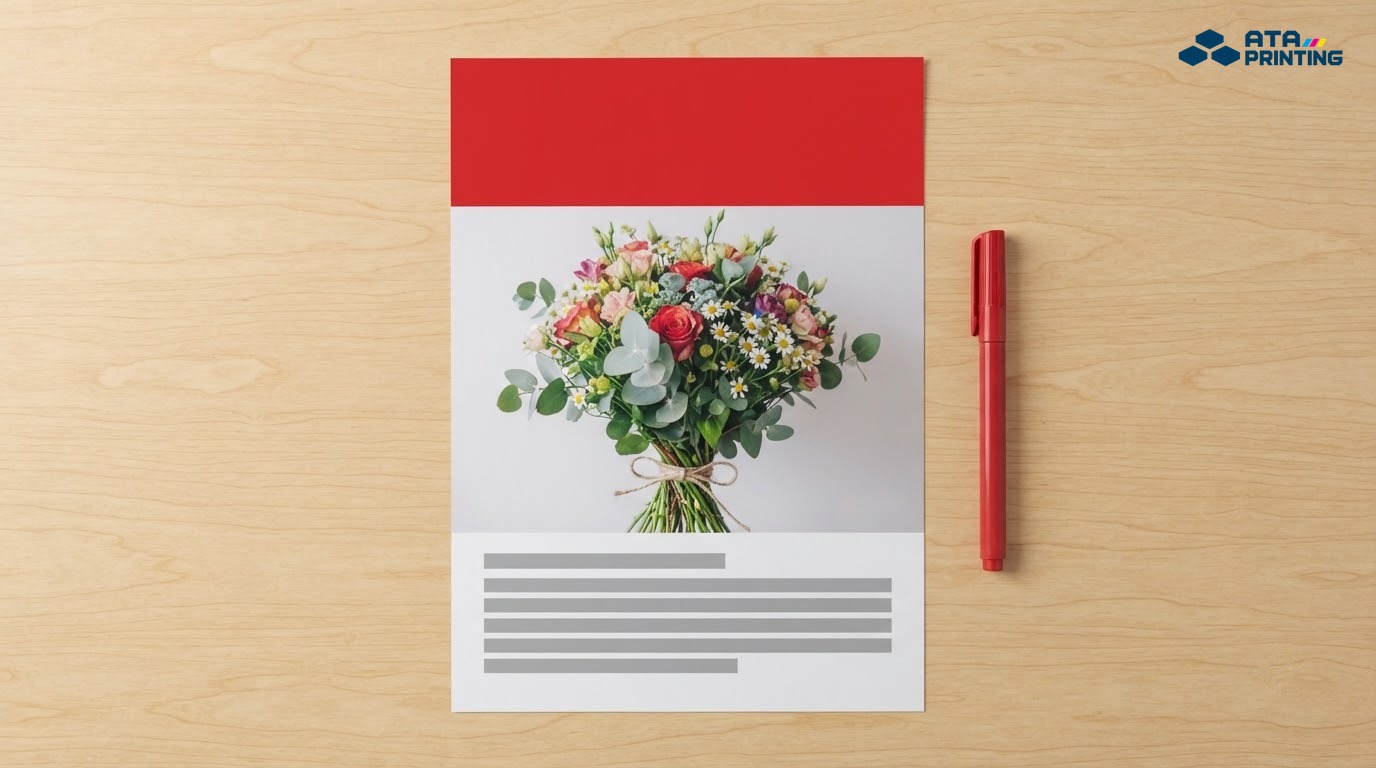 Bố cục tờ rơi với khối đỏ lớn ở phần trên, ảnh bó hoa ở giữa và dải xám bên dưới