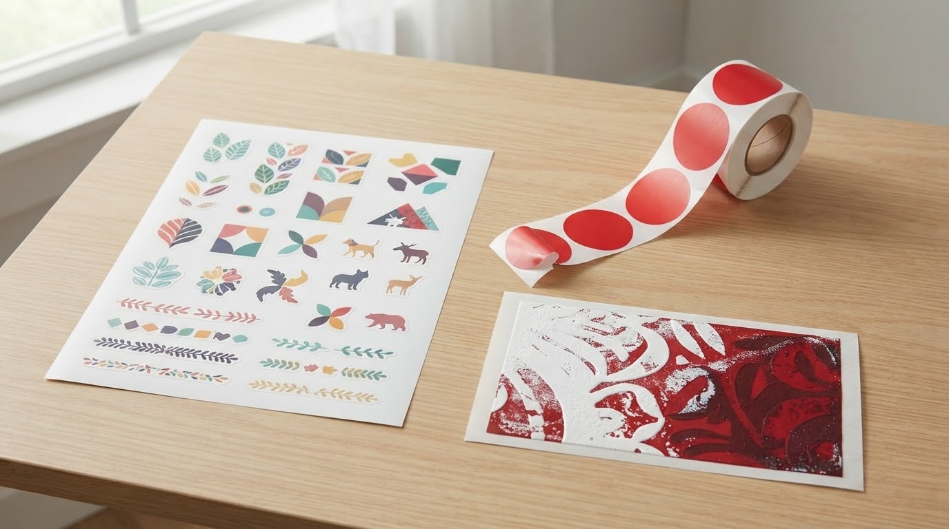 Tờ sticker in kỹ thuật số, cuộn tem tròn đỏ và tấm decal in lụa mực đỏ trắng trên bàn gỗ