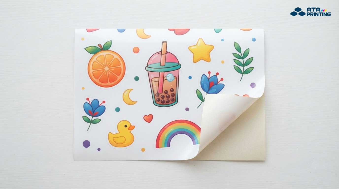 Tờ decal in kỹ thuật số hình quả cam, ly trà sữa, vịt, cầu vồng, góc tờ lật lộ đế