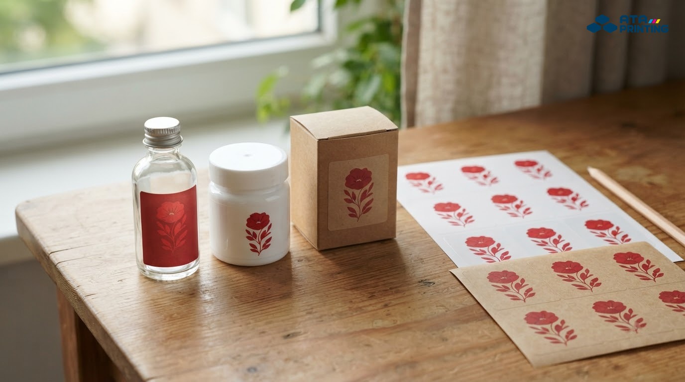 Chai thủy tinh, hũ nhựa và hộp kraft dán tem hoa đỏ cạnh tờ tem mẫu giấy trắng và kraft