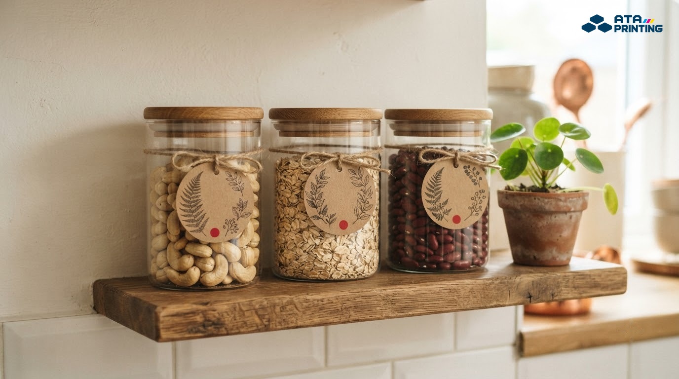 Ba hũ thủy tinh đựng hạt điều, yến mạch, đậu đỏ treo nhãn giấy kraft họa tiết lá