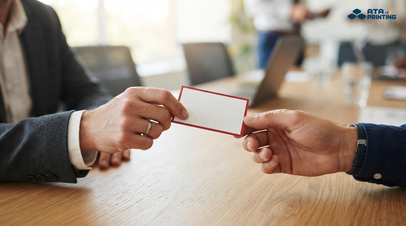 Hai bàn tay trao danh thiếp trắng viền đỏ qua bàn họp