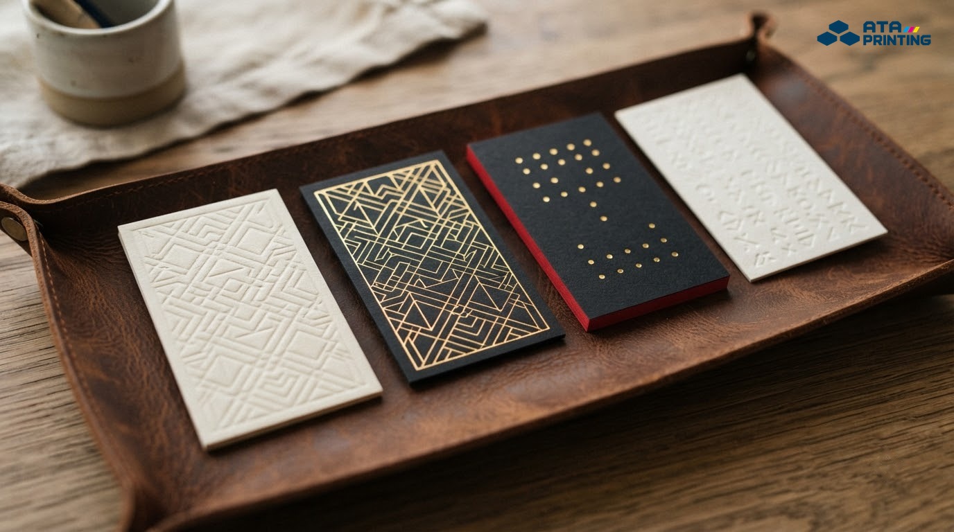 Danh thiếp giấy cotton dập chìm, card đen ép kim vàng và card mạ viền đỏ trên khay da