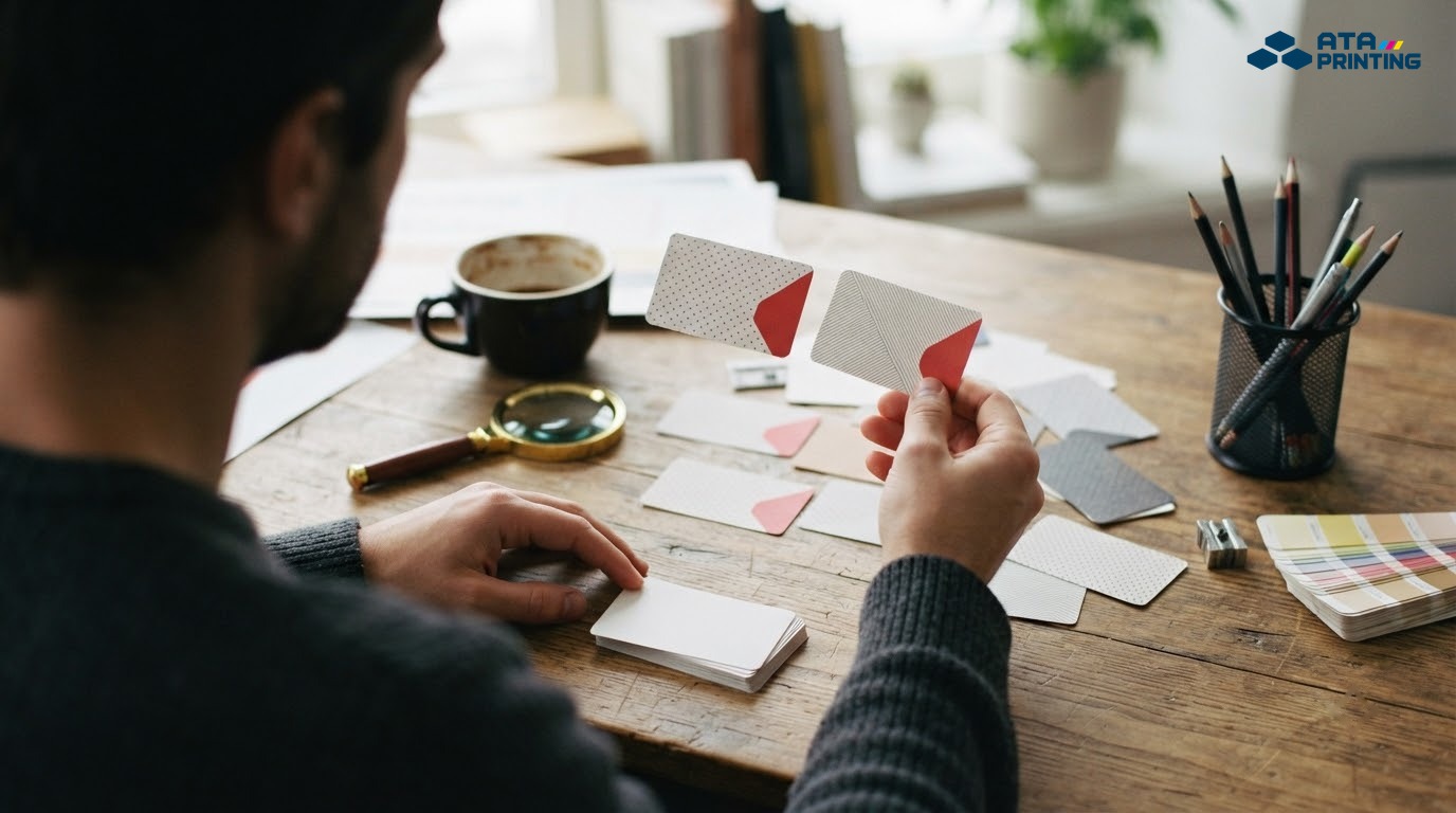 Người thiết kế so tấm danh thiếp in thử với card mẫu đã duyệt trên bàn làm việc
