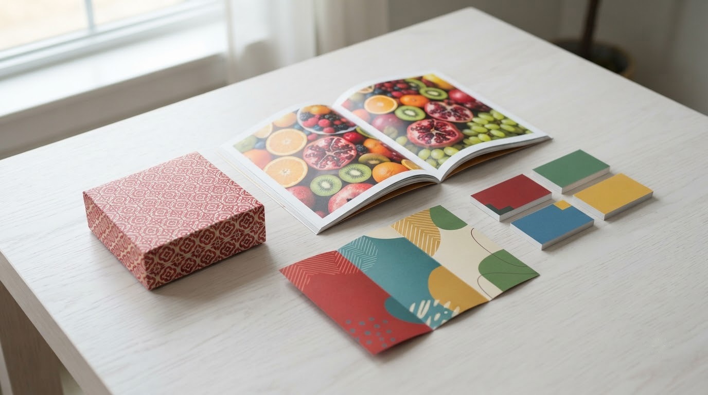 Bộ ấn phẩm in đẹp gồm catalogue, hộp giấy, danh thiếp và tờ gấp màu sắc sắc nét