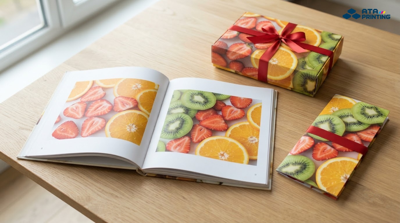 Catalogue mở trang ảnh dâu, cam, kiwi sắc nét cạnh hộp quà và tờ gấp cùng họa tiết trái cây