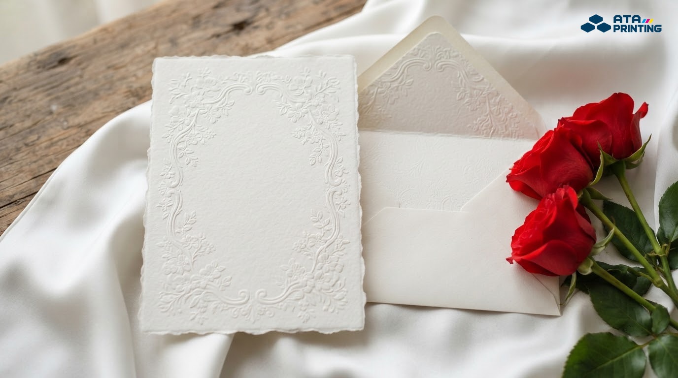 Thiệp cưới giấy cotton dập chìm hoa văn cành hoa, kèm phong bì và hoa hồng