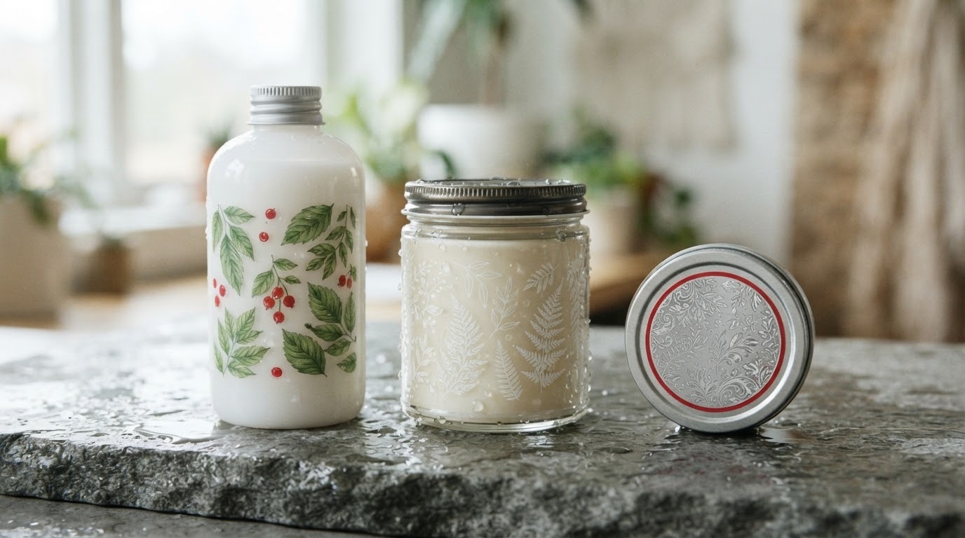 Chai nhựa trắng, hũ thủy tinh và nắp hộp thiếc đọng nước dán tem nhựa sữa, tem trong và tem xi bạc
