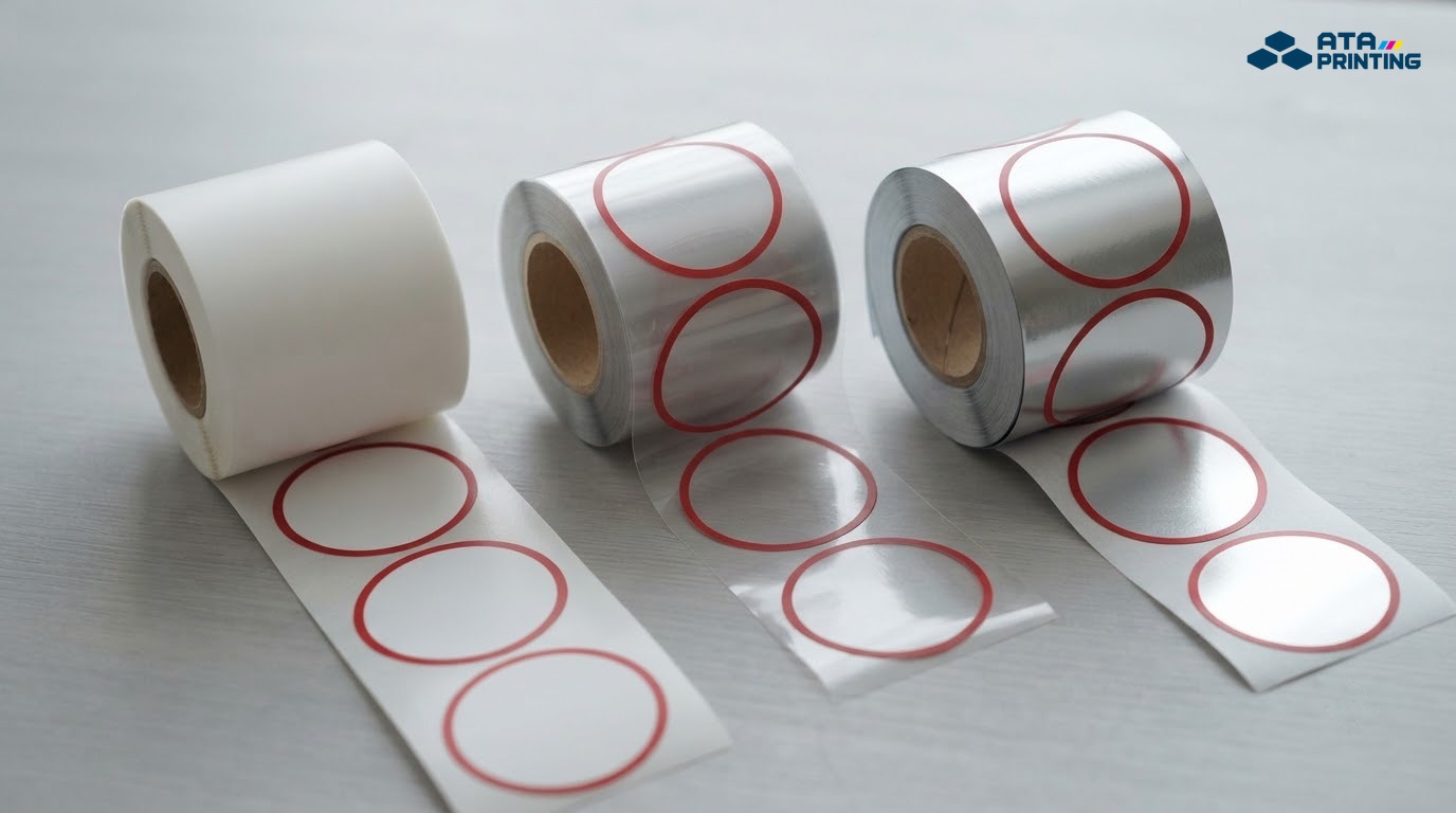 Ba cuộn decal trắng đục, trong suốt và xi bạc có tem tròn viền đỏ