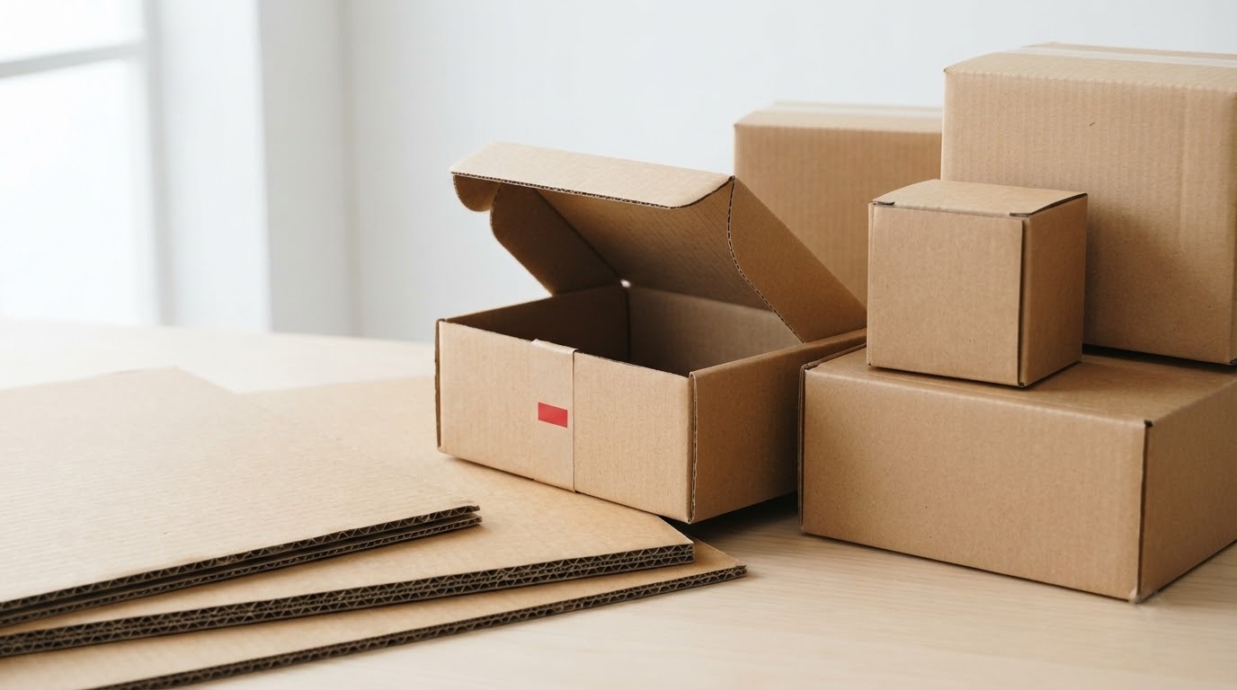 Tấm giấy carton sóng đặt cạnh các hộp carton nhiều kiểu dáng trên bàn sáng