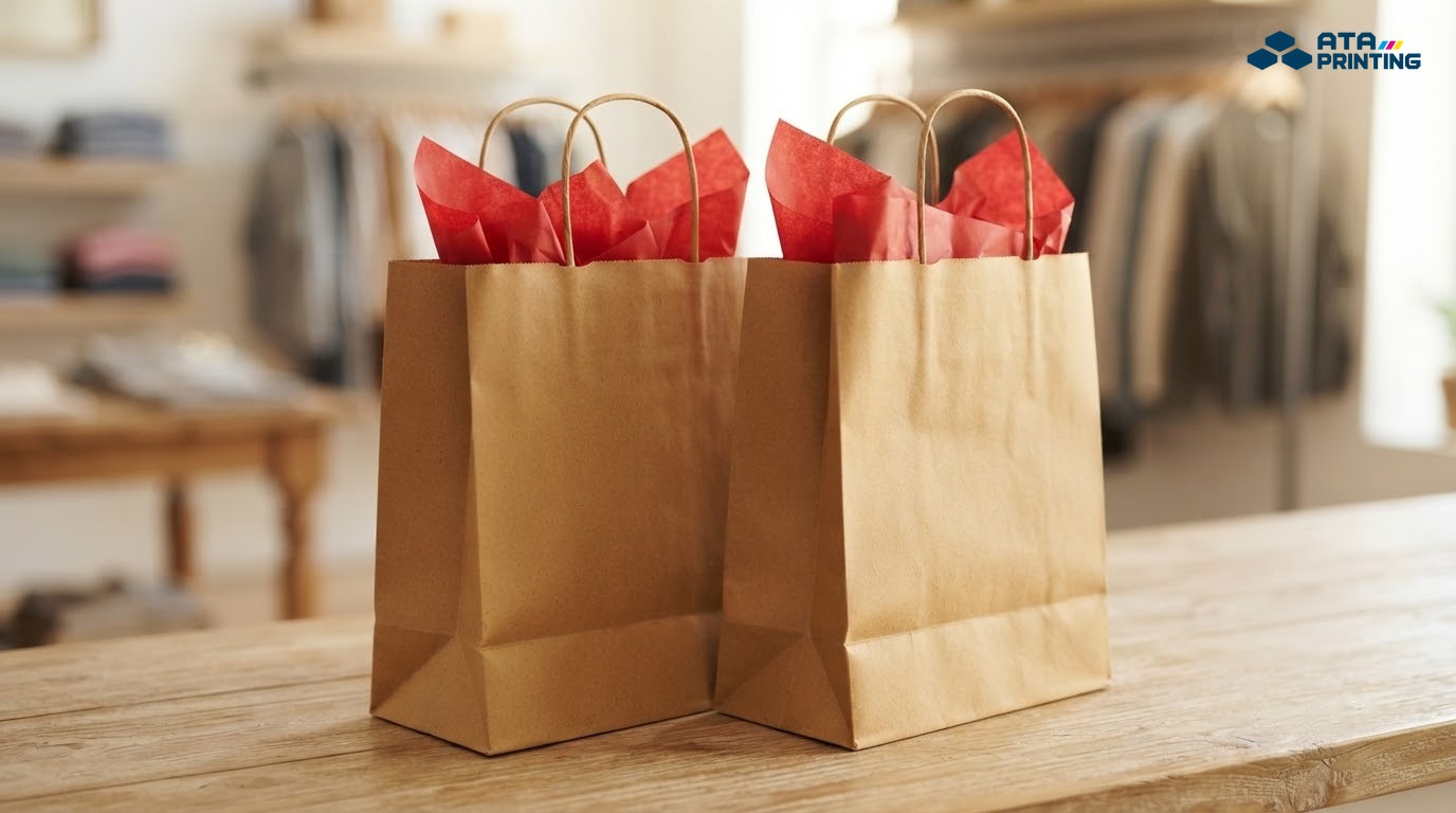 Túi giấy kraft vàng quai giấy xoắn có giấy lót đỏ trên quầy shop