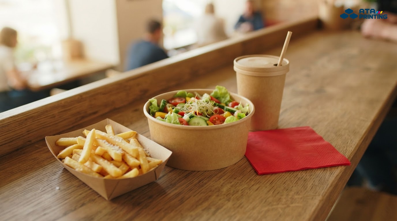 Tô salad, khay khoai tây chiên và ly giấy kraft trên quầy quán