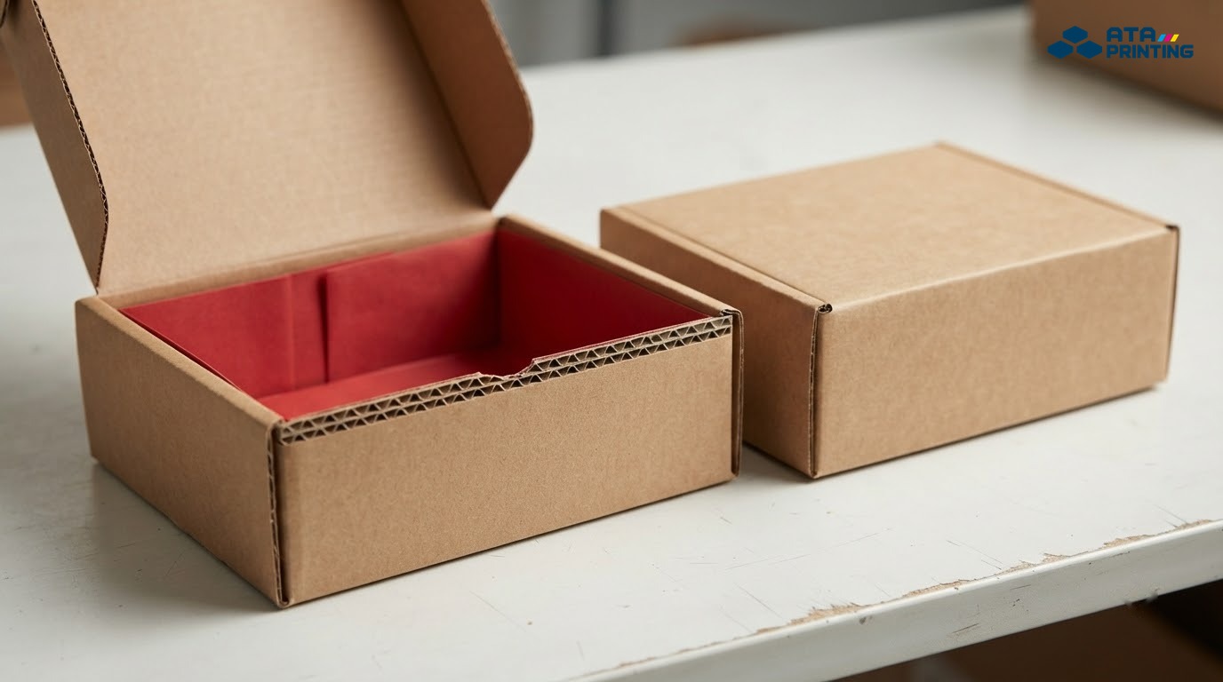 Hộp carton nắp gài mặt kraft vàng mở nắp lót giấy đỏ, mép lộ lớp sóng