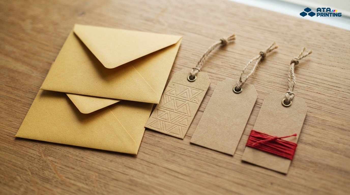 Phong bì kraft vàng cạnh các tag mác kraft xỏ khuyên và dây đay