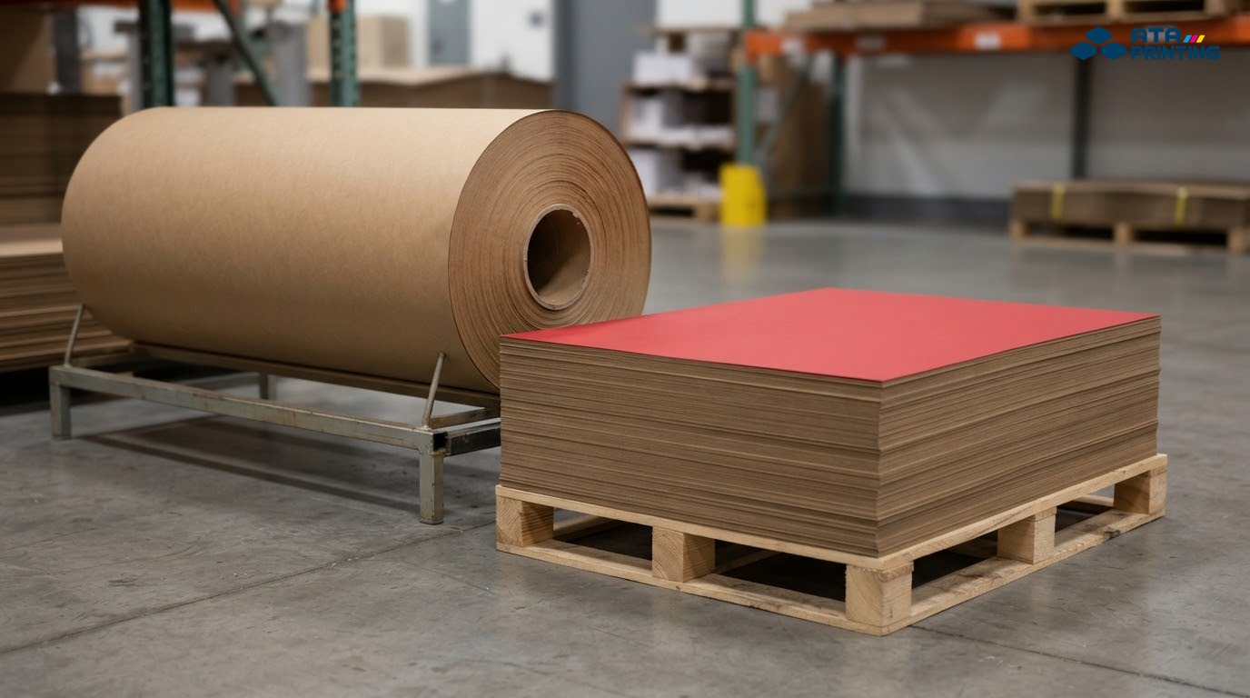 Cuộn giấy kraft vàng trên giá đỡ cạnh chồng giấy kraft cắt tờ trên pallet