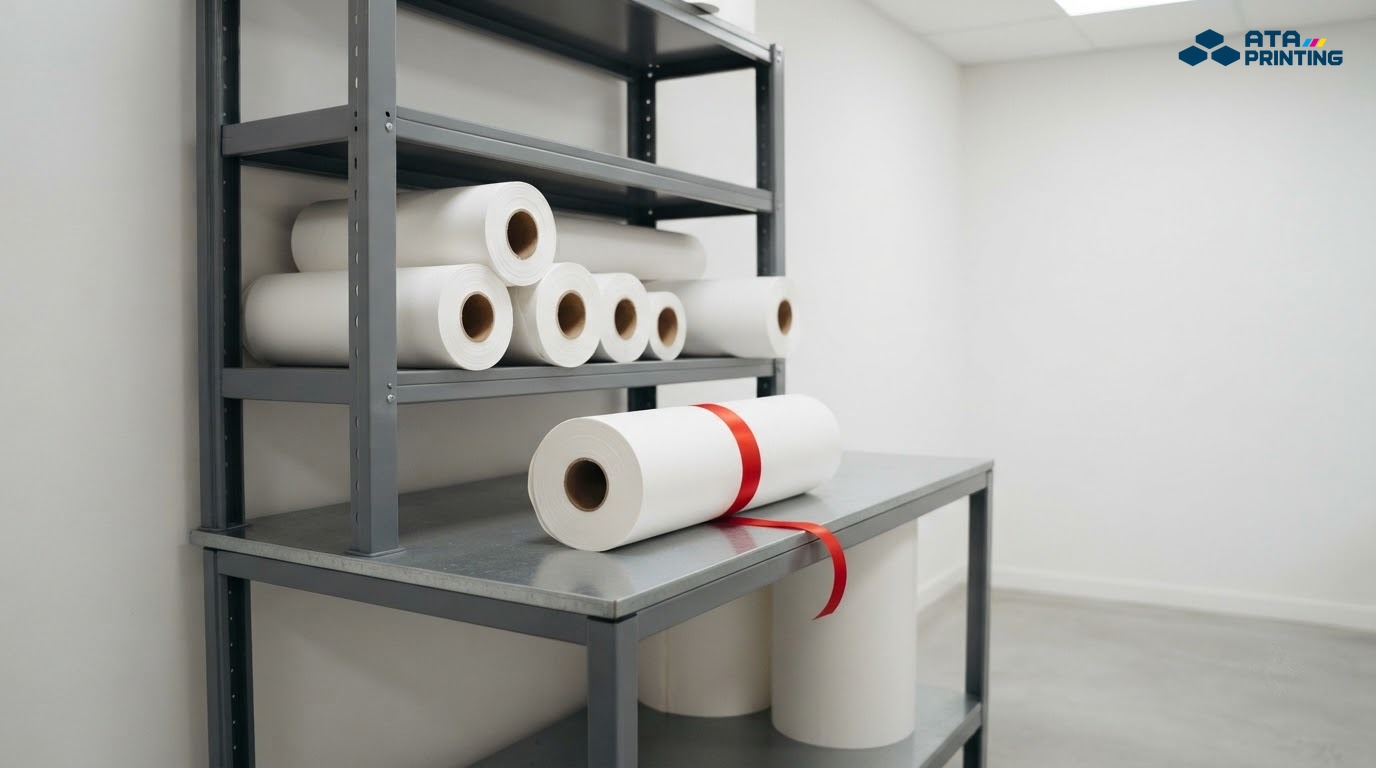 Các cuộn giấy PP trắng nhiều khổ xếp trên giá kim loại, một cuộn buộc ruy băng đỏ