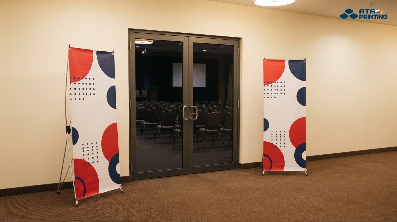 Hai standee chữ X in hình tròn đỏ xanh navy đứng hai bên cửa phòng hội thảo