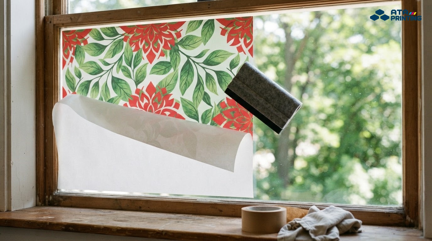Decal PP hoa đỏ lá xanh đang dán lên kính cửa sổ, lớp đế bóc dở, miếng gạt nỉ trên mép
