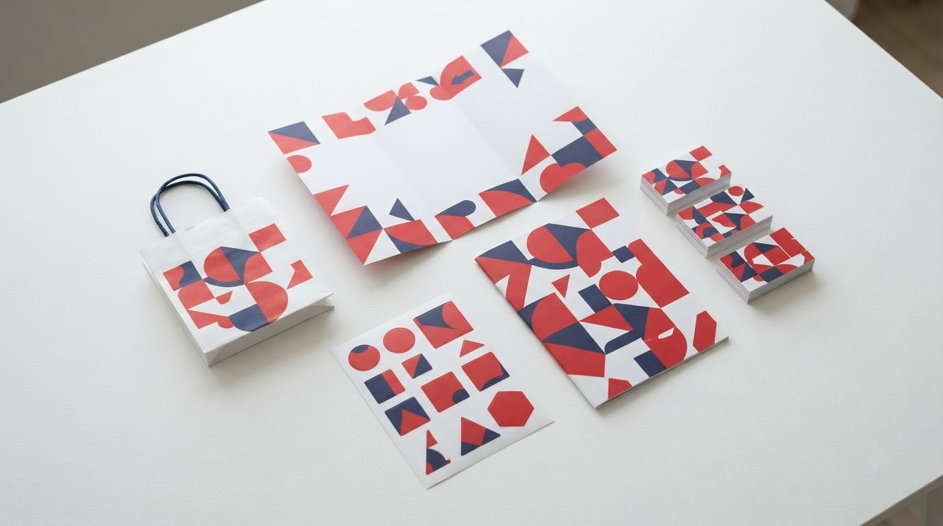 Tờ gấp, name card, catalogue, sticker và túi giấy in họa tiết đỏ bày trên bàn